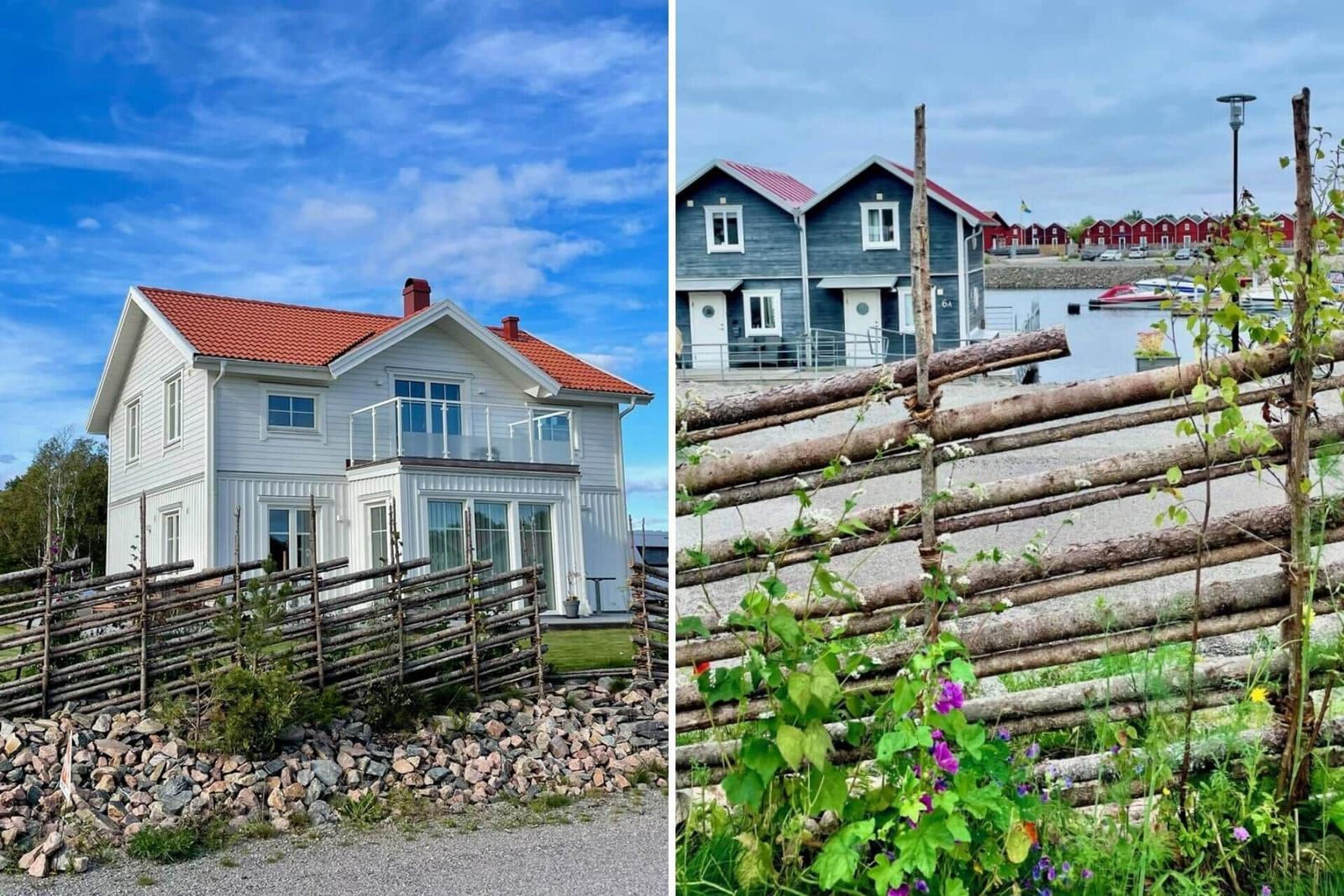 Haus mit Balkon und Gartenzaun. Blick auf Häuser am Wasser mit Booten.