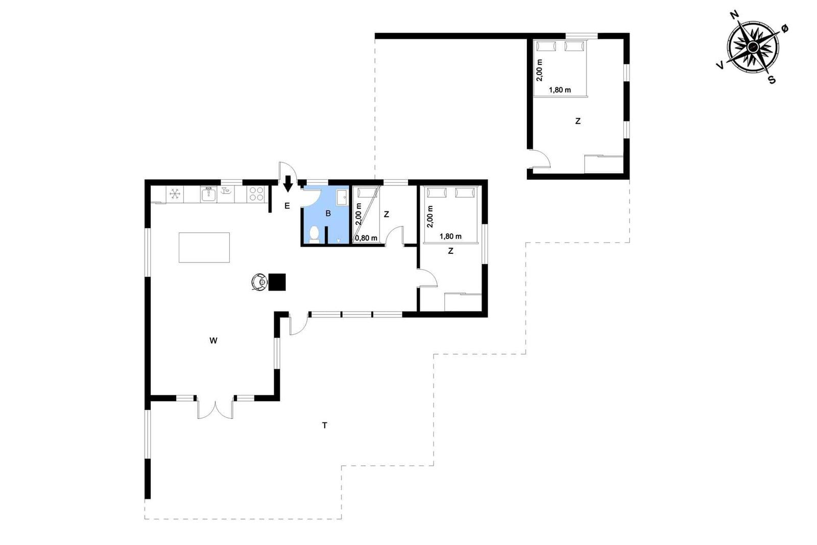 Wohnung mit Küche, Bad und zwei Schlafzimmern. Flur mit Treppe und Eingang.