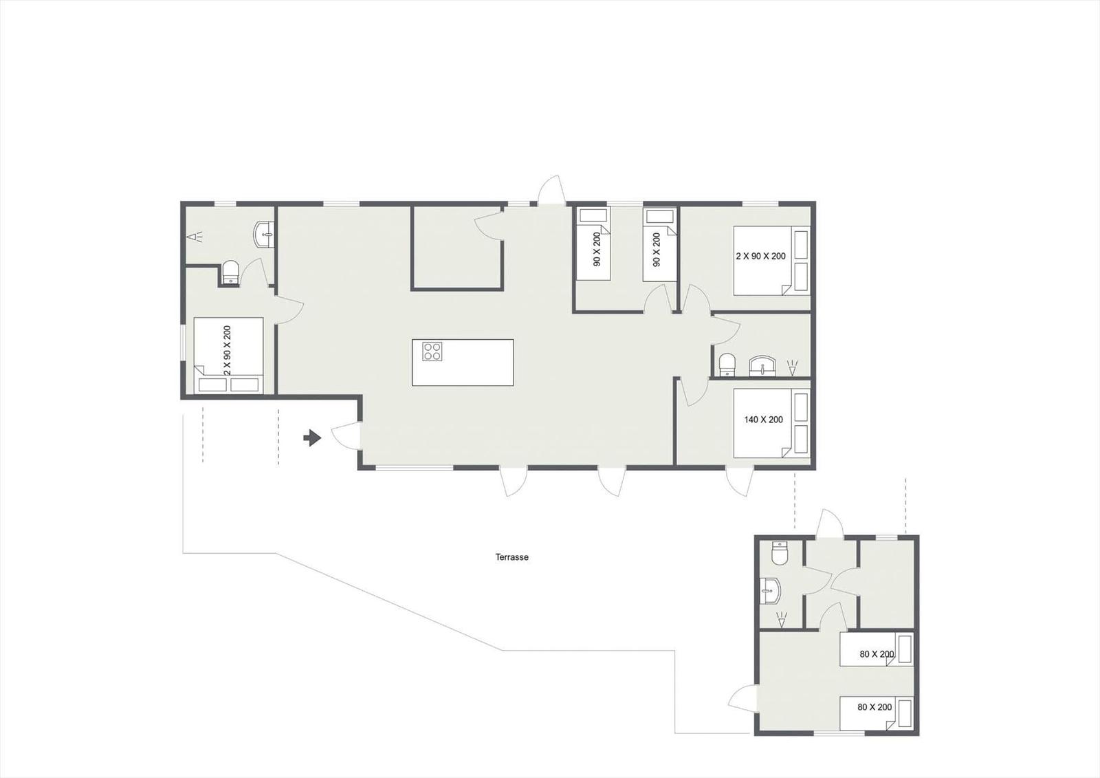 Wohnung mit Küche, drei Schlafzimmern und Terrasse. Flur und Badezimmer sind ebenfalls eingezeichnet.