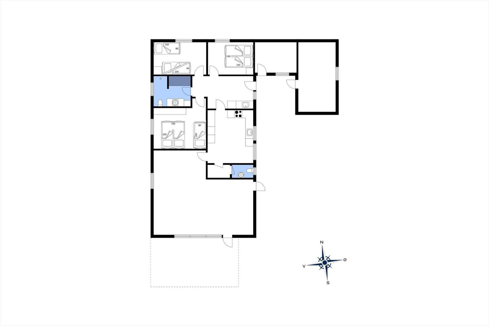 Die Wohnung hat drei Schlafzimmer, eine Küche und zwei Badezimmer.