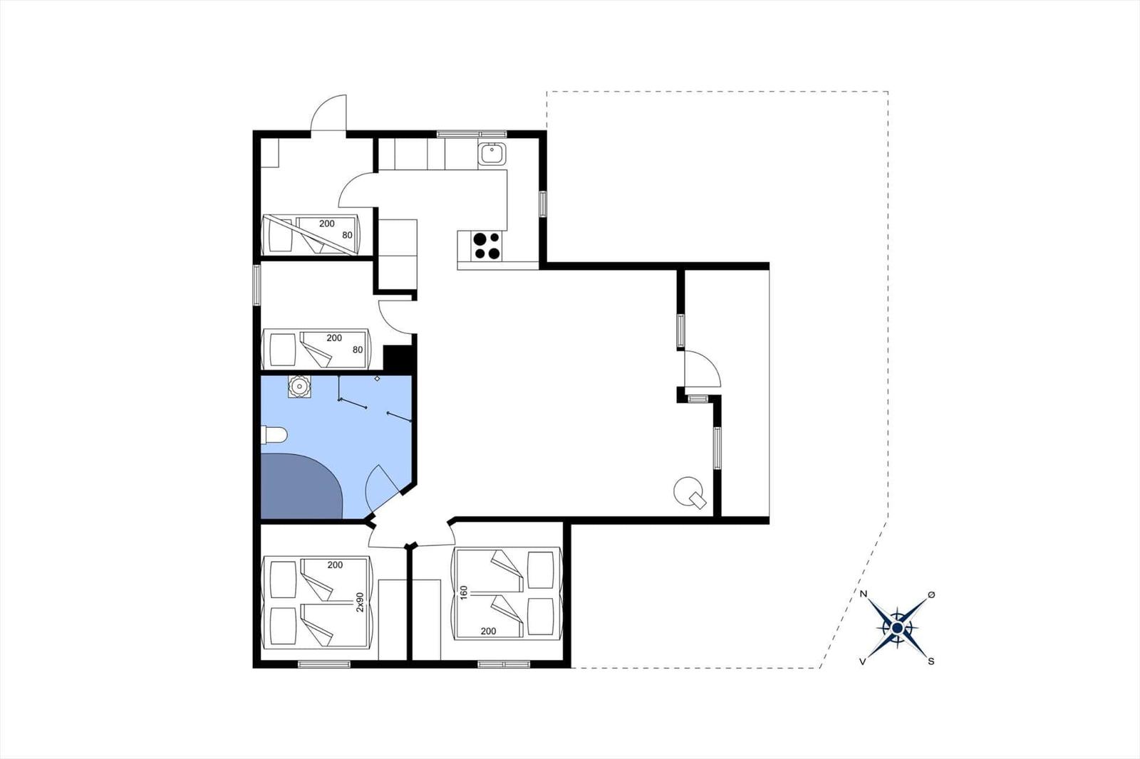 Wohnung mit Küche, Bad, drei Schlafzimmern und Wohnbereich.