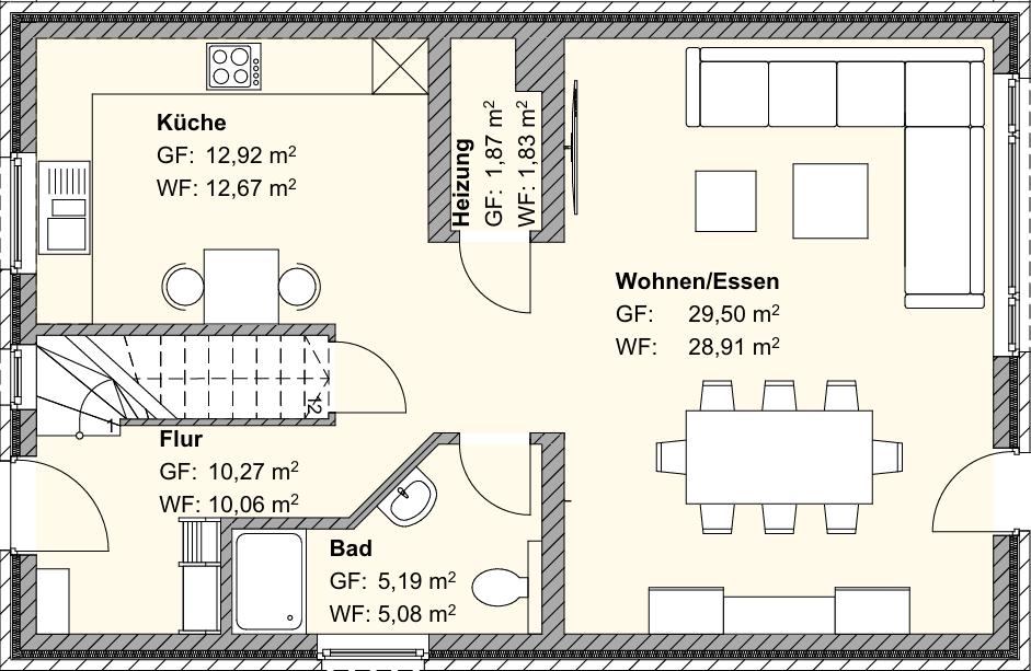 Dieses Haus hat eine Küche, Wohn- und Essbereich, Bad und Flur mit genauen Raumgrößen.