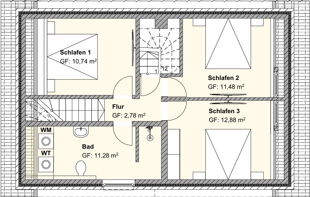 Dreizimmerwohnung mit Bad und Flur. Die Räume sind klar strukturiert.