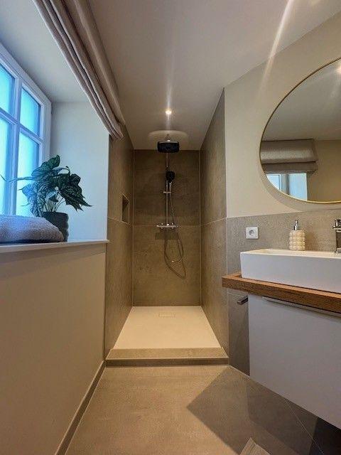 Badezimmer mit Dusche, Waschbecken und Fenster. Pflanze auf Fensterbank.