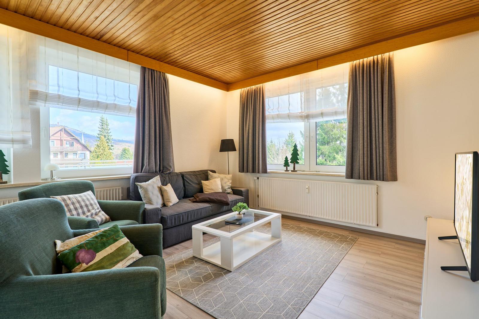 Wohnzimmer mit Sofa, Sesseln und Fernseher. Holzdecke und große Fenster mit Blick.