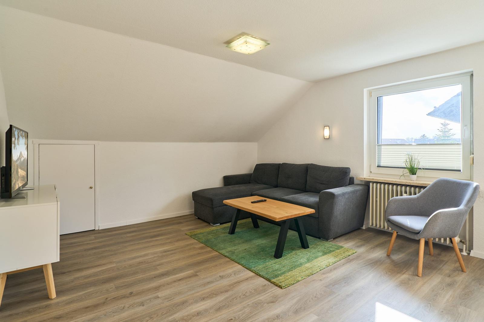 Wohnzimmer mit Sofa, Sessel und Fernseher. Holzboden und Fenster mit Blick.