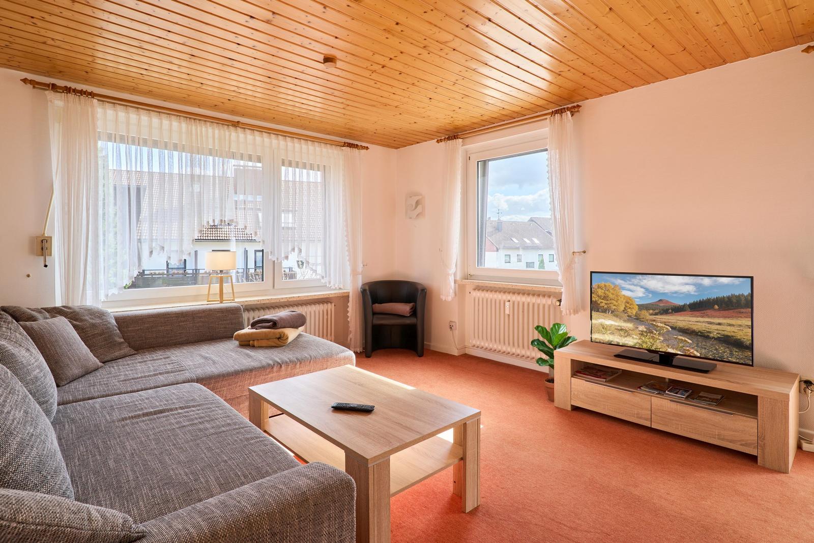 Wohnzimmer mit Sofa, Couchtisch, TV und Holzdecke.