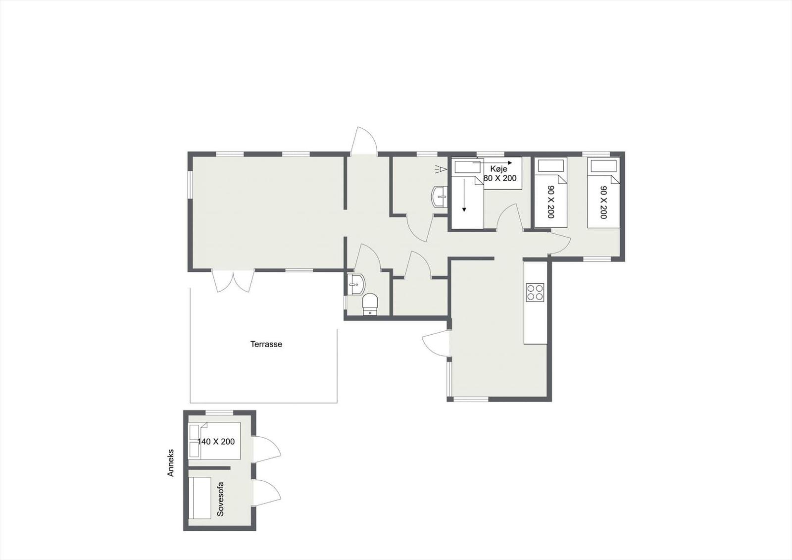 Wohnung mit Terrasse, drei Schlafzimmern und Anbau mit Schlafsofa.
