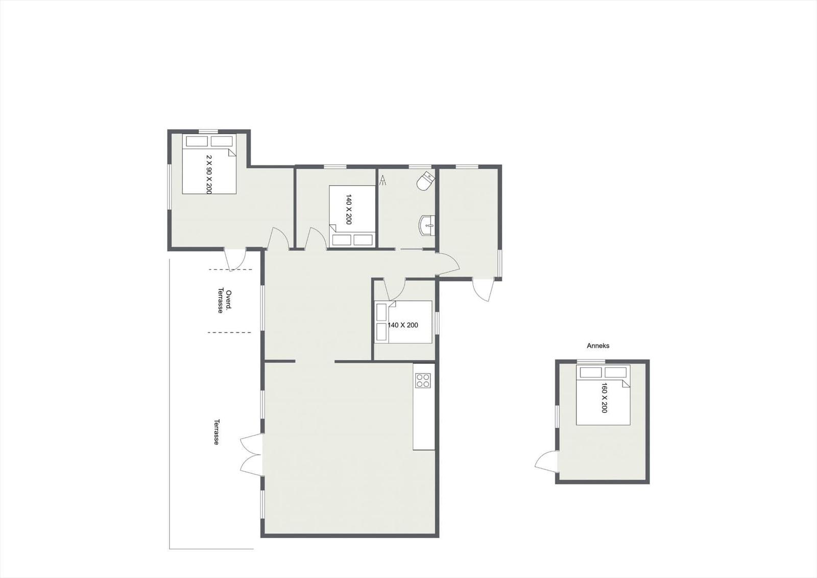 Wohnung mit drei Schlafzimmern, Küche und Terrasse. Anhang mit Schlafzimmer.