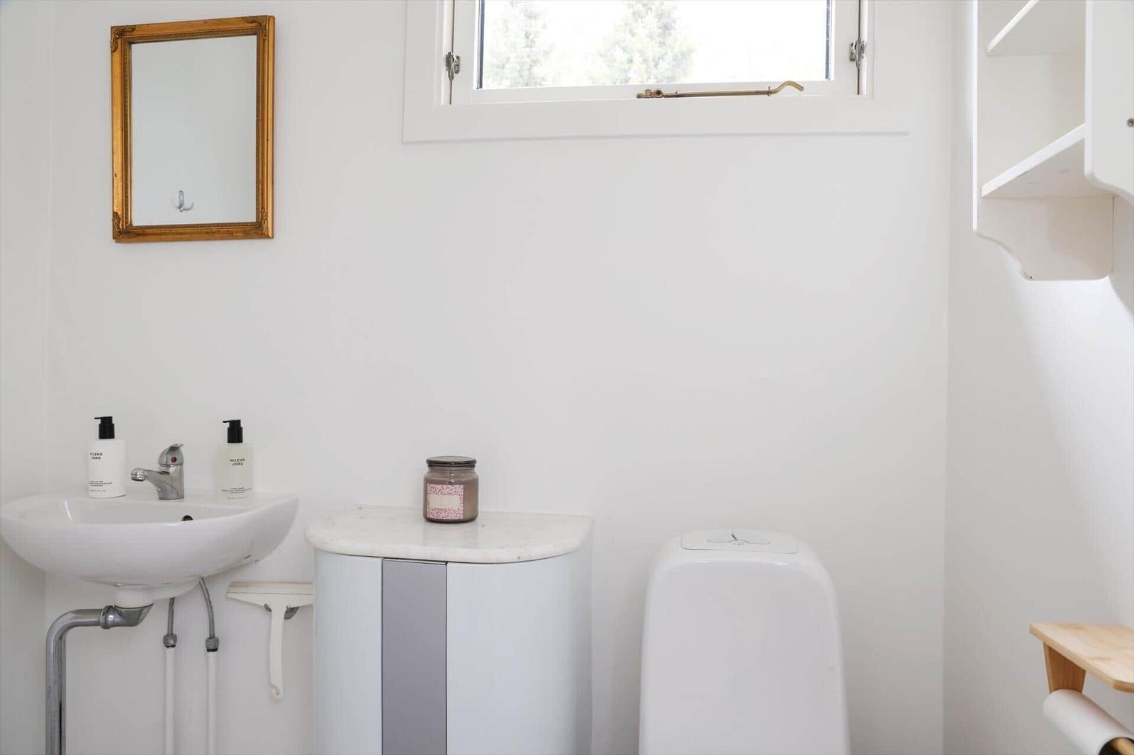 Bathroom with sink, mirror, and toilet.