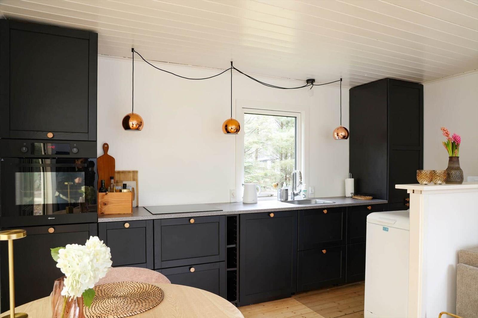 Kitchen with black cabinets, stainless steel sink, and gold pendant lights.