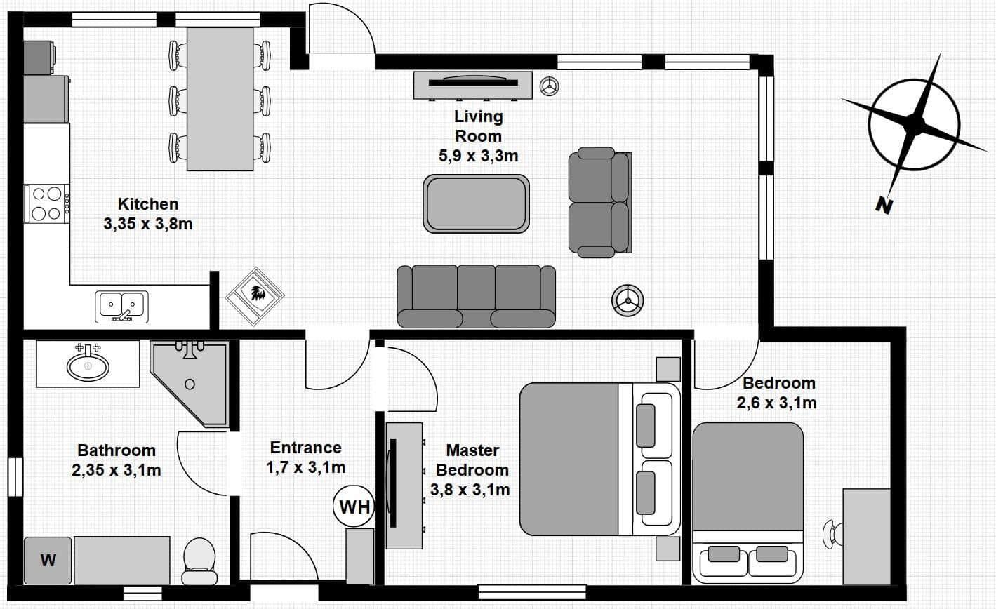 Dieses Apartment hat eine Küche, ein Wohnzimmer, zwei Schlafzimmer, ein Bad und einen Eingang.