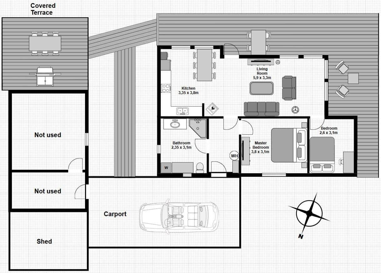 Dieses Haus hat eine Küche, ein Wohnzimmer, ein Schlafzimmer und eine Garage.