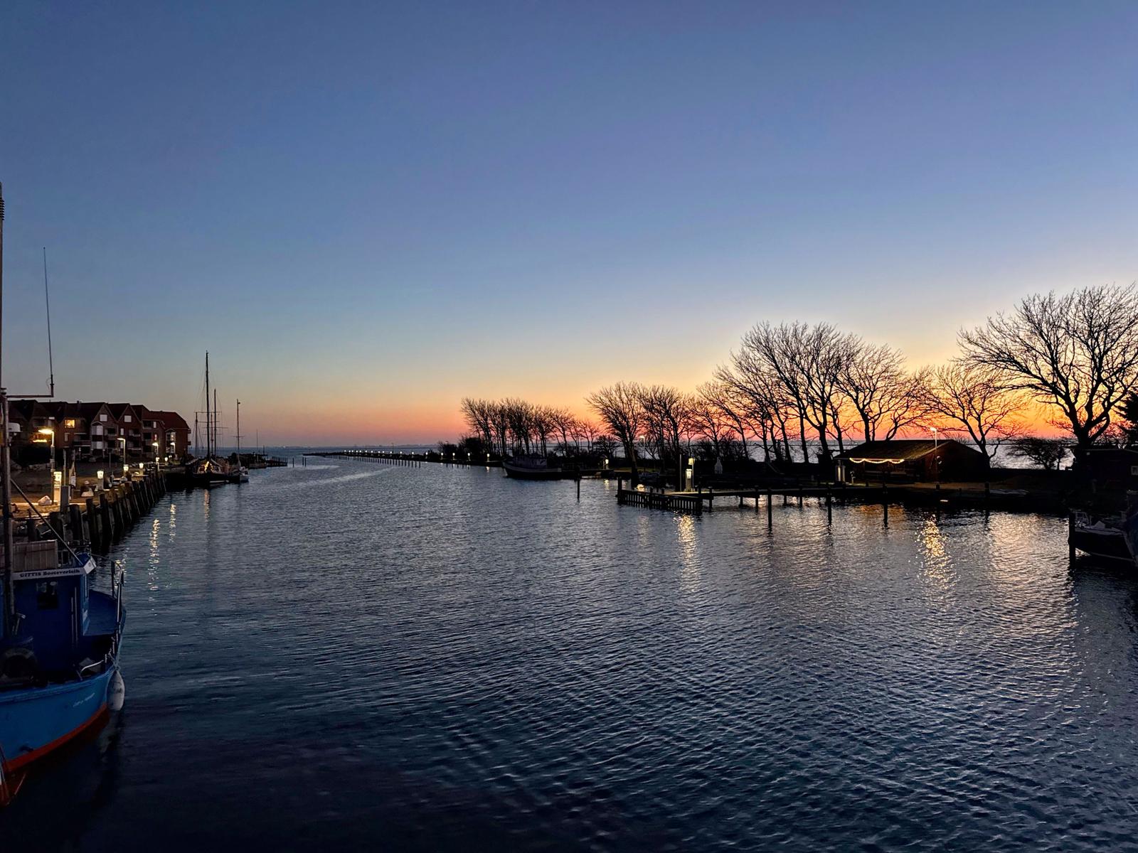 Sonnenuntergang über Hafen mit Booten und Bäumen am Ufer