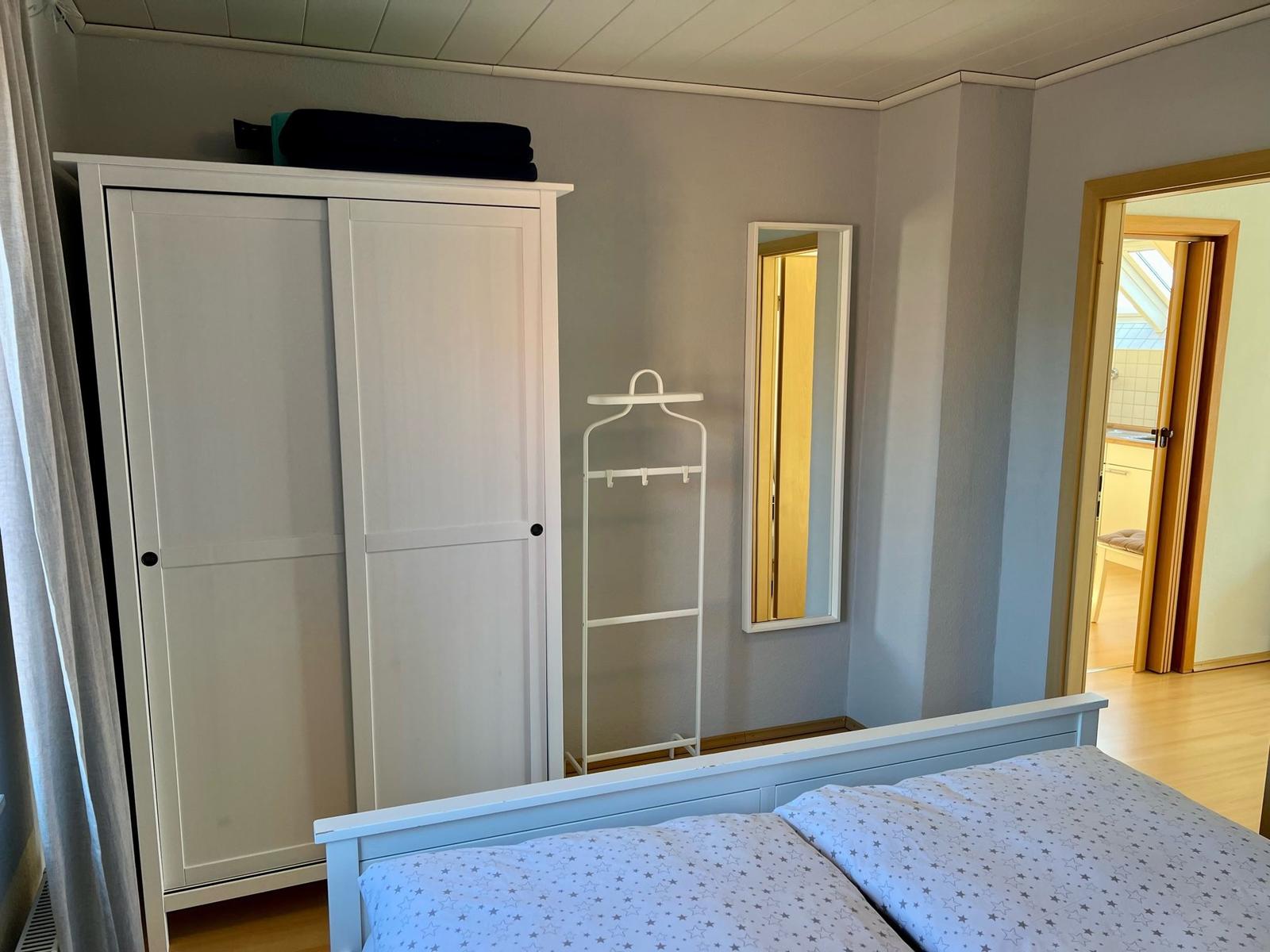 Schlafzimmer mit Bett, Kleiderschrank und Spiegel. Tür führt in Bad.