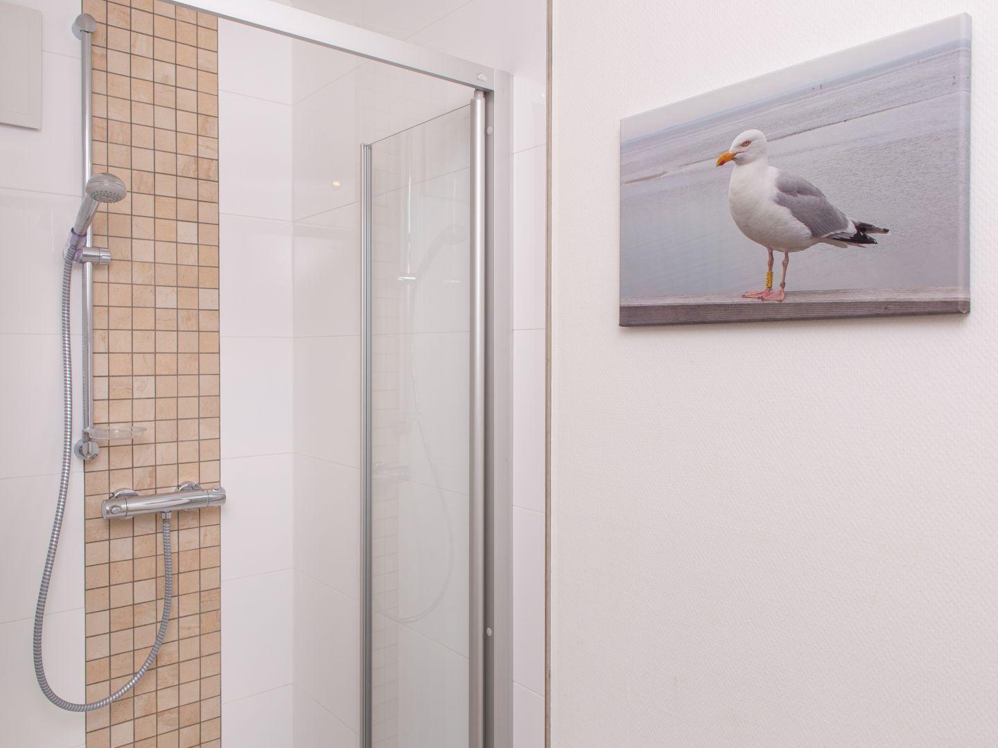 Dusche mit Glaswand und Wandbild eines Seemöwens