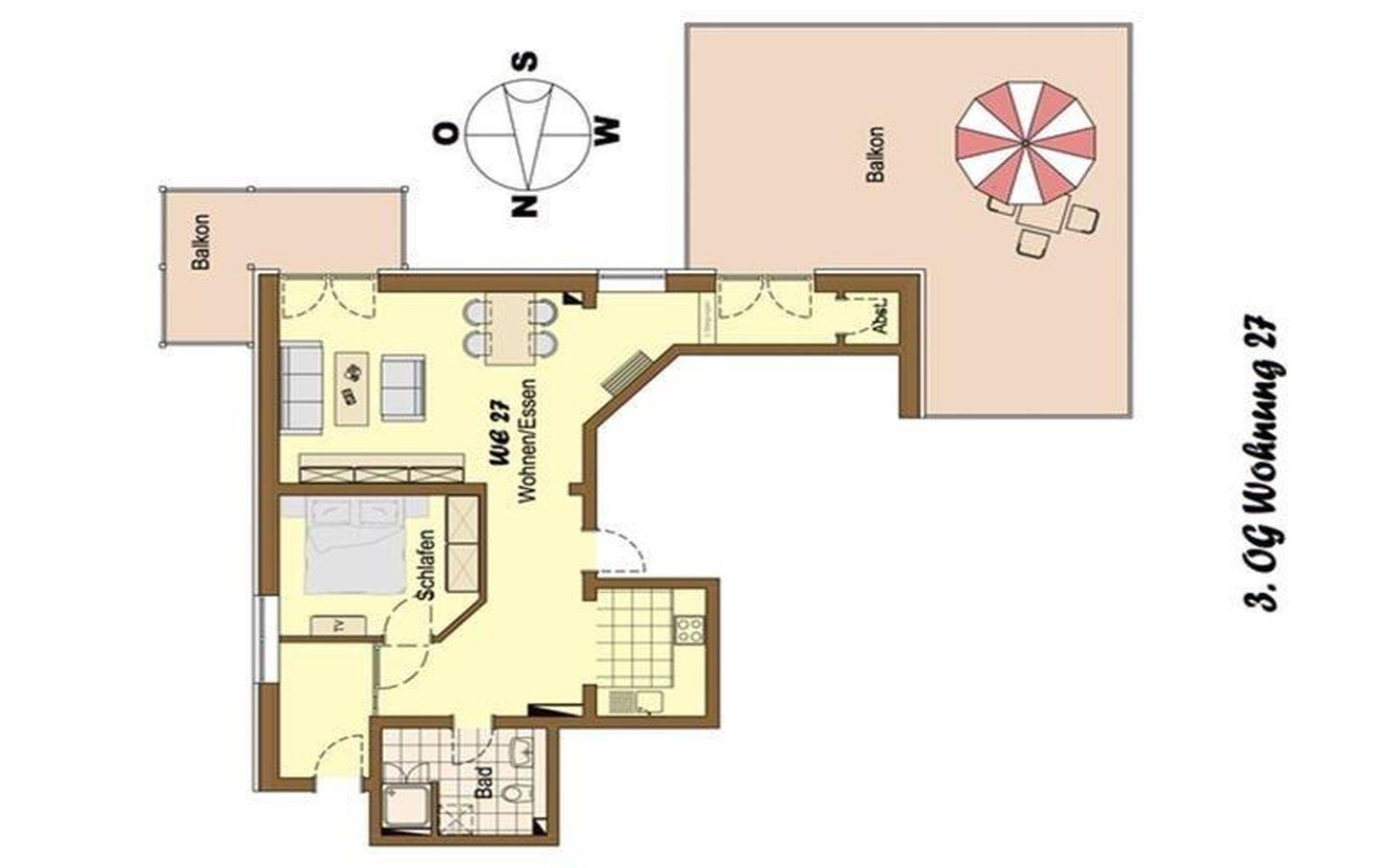 Wohnung mit Schlafzimmer, Bad, Wohn- und Essbereich sowie zwei Balkonen.