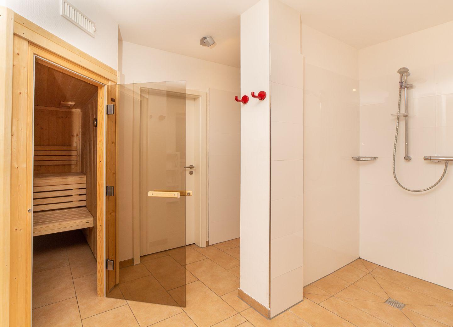 Dusche mit Duschbrause und Sauna mit Holzbänken.
