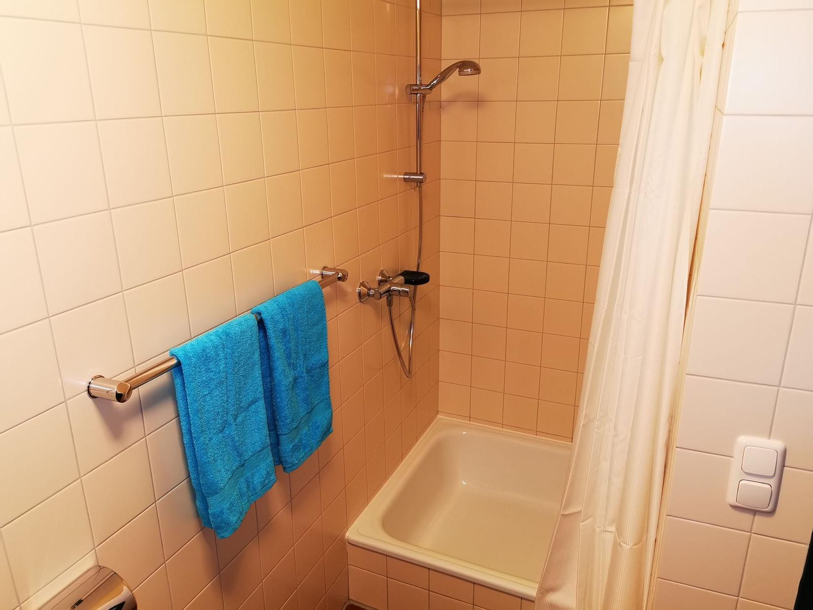 Bad mit Dusche, Badewanne und blauen Handtüchern.