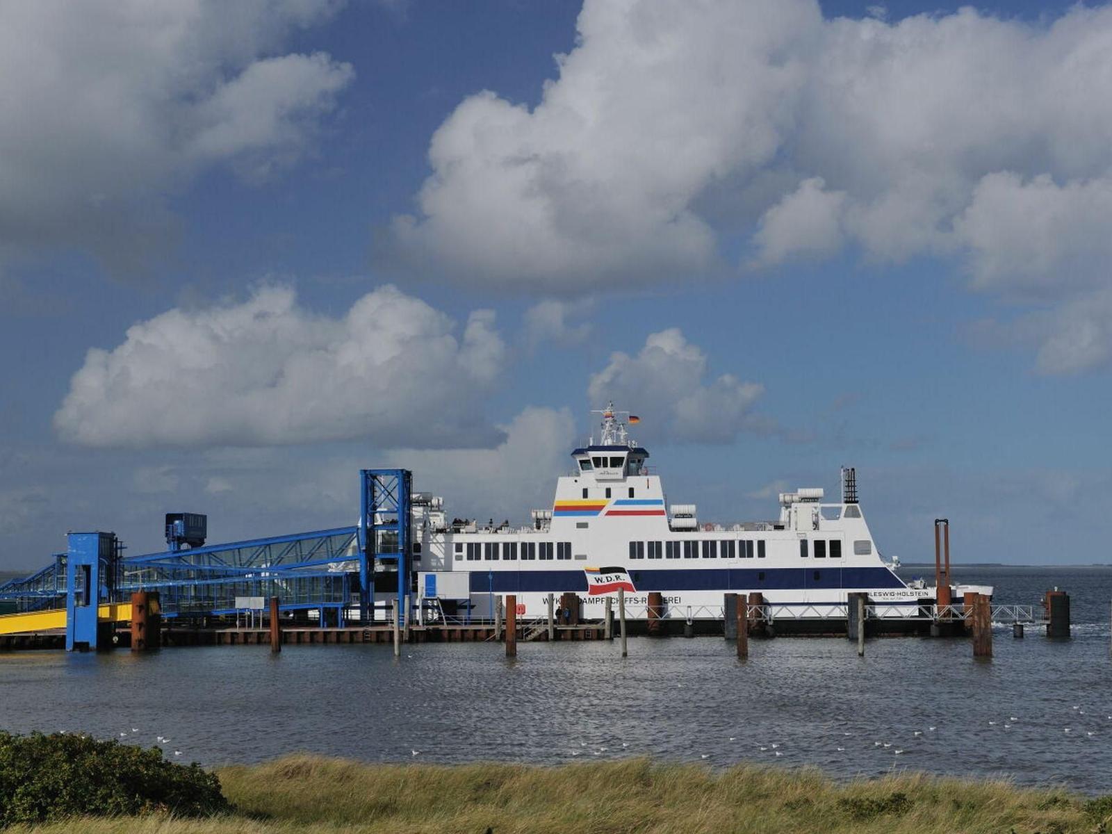 Fährschiff am Hafen mit blauem Steg und bewölktem Himmel.