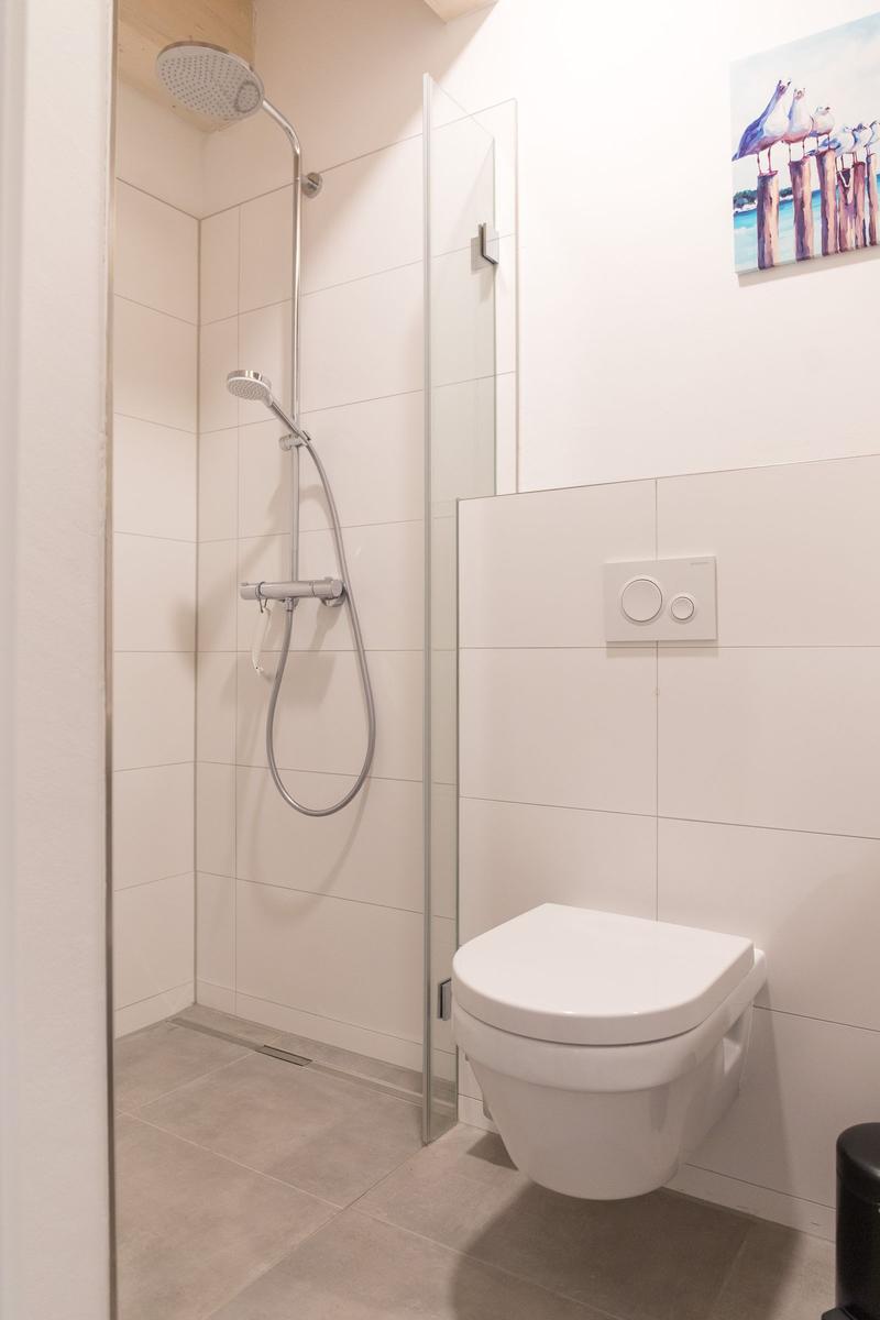 Bad mit Dusche, WC und Wandbild mit Möwen.
