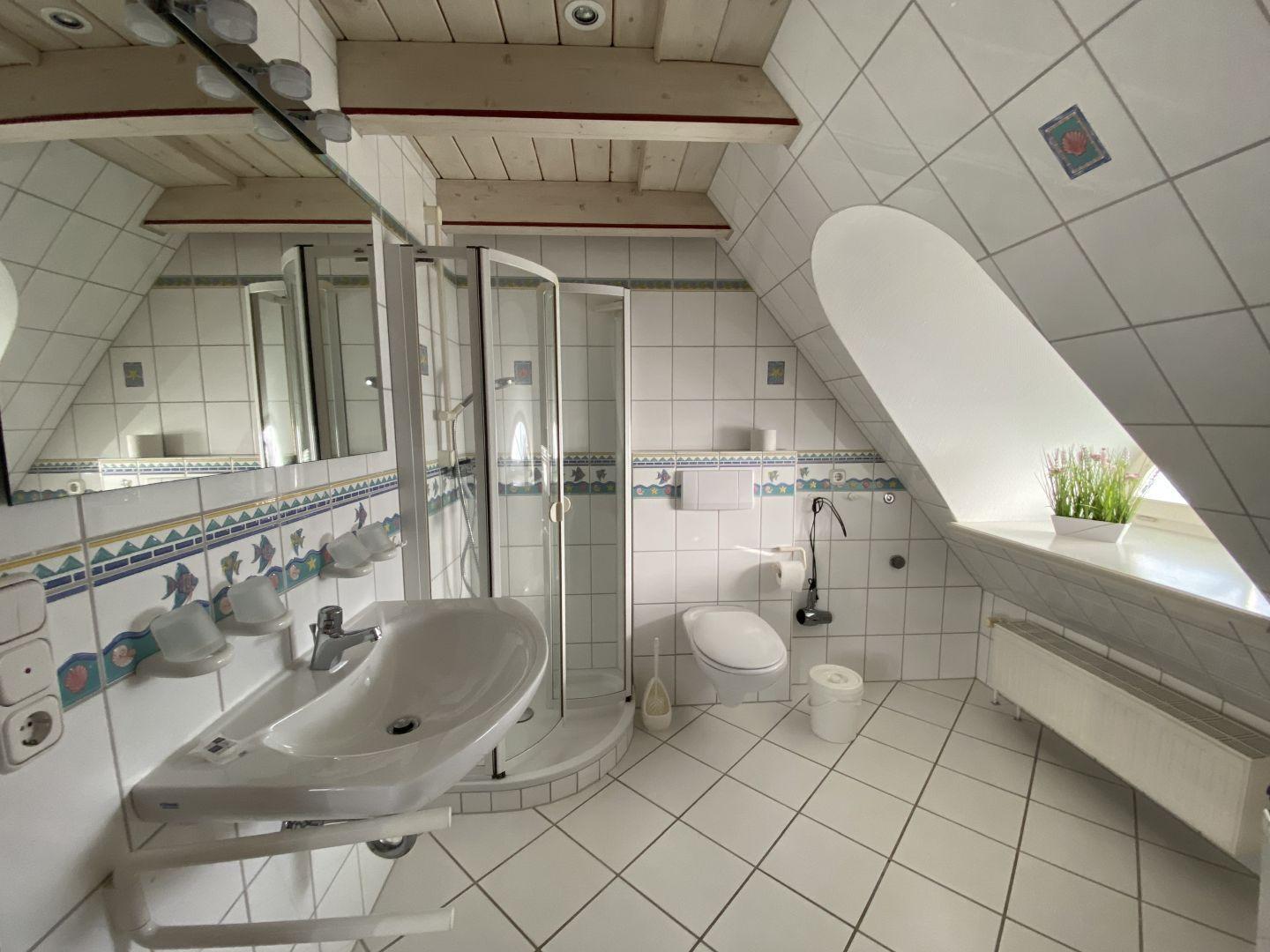 Badezimmer mit Dusche, Toilette und Waschbecken unter Dachschrägen.