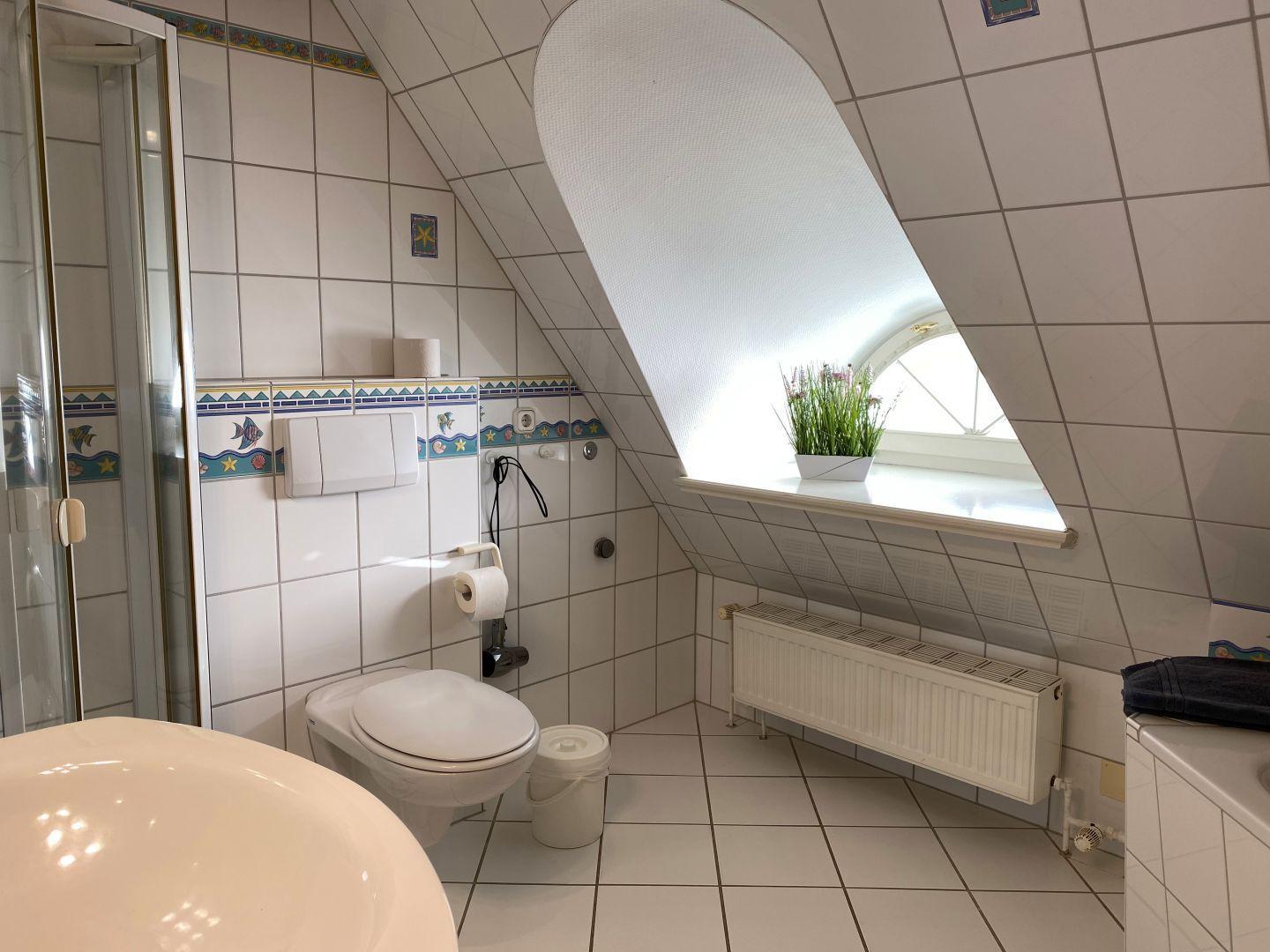 Badezimmer mit Dusche, Toilette und Fenster unter Dachschrägen.