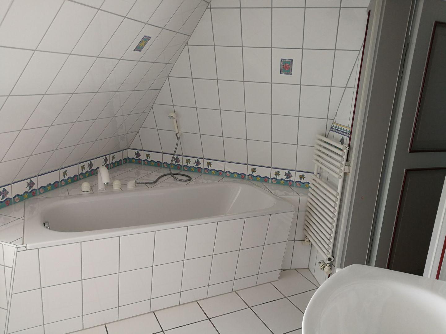 Badezimmer mit Badewanne, Duschkopf und Heizkörper
