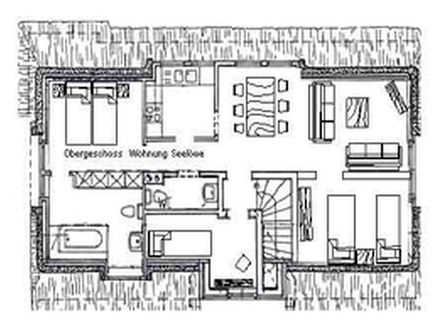 Obergeschoss Wohnung mit Küche, Wohnzimmer, Schlafzimmer und Bad.