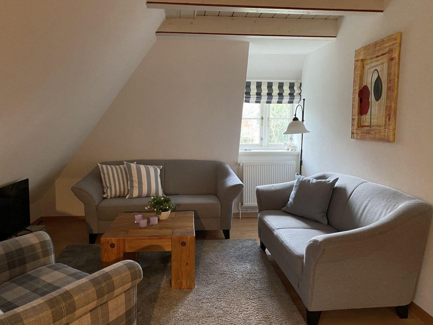 Wohnzimmer mit zwei Sofas, Holztisch und Fenster mit Rollladen.