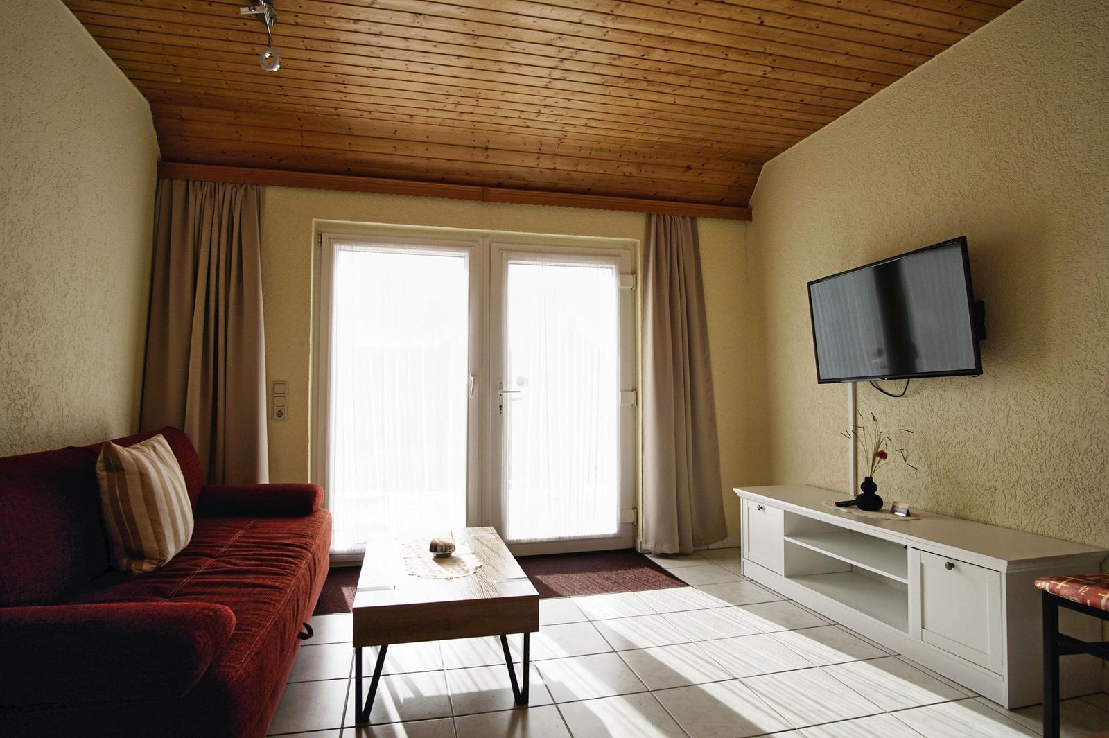 Wohnzimmer mit Sofa, Fernseher und Terrassentür.