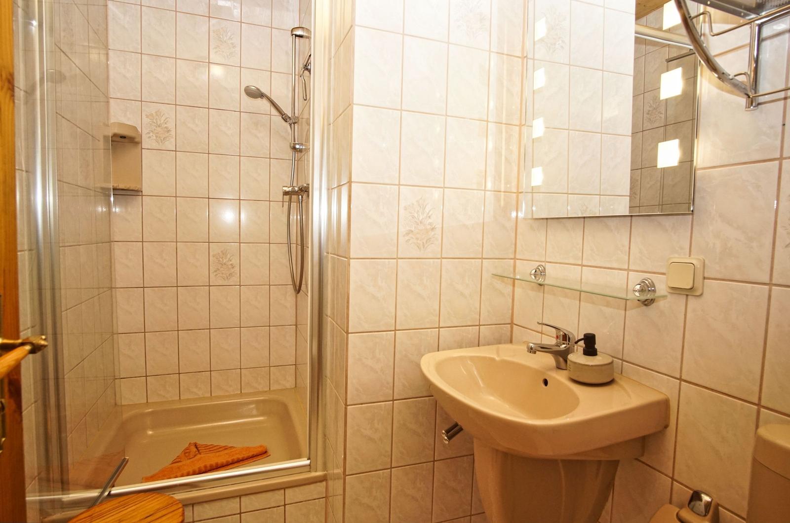 Badezimmer mit Dusche, Waschbecken und Spiegel.