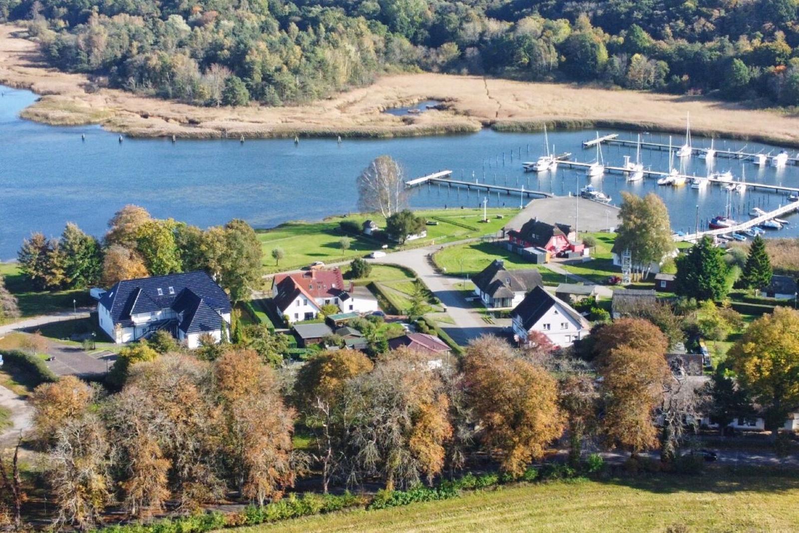 Häuser am Wasser mit Booten im Hafen und Wald im Hintergrund.
