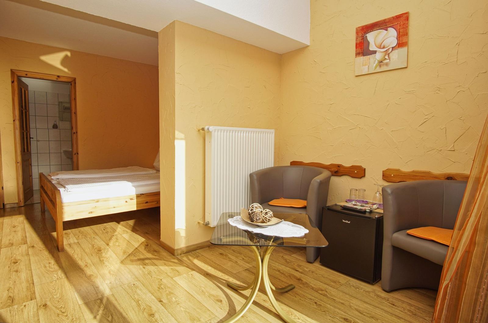 Zimmer mit Bett, Sitzgelegenheit und Kühlbox. Durchgang zur Dusche.