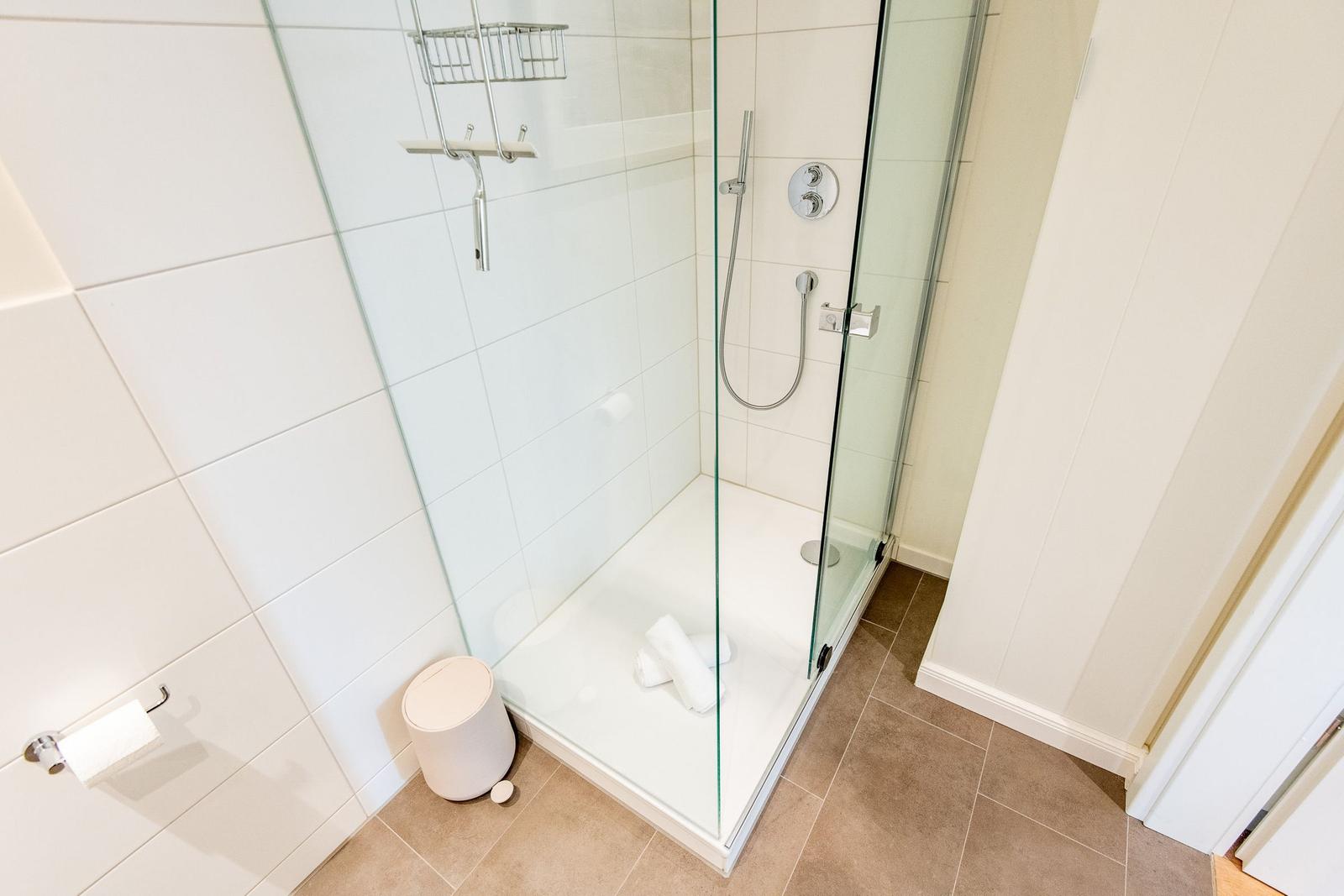 Dusche mit Glaswand, Handbrause und Handtuch