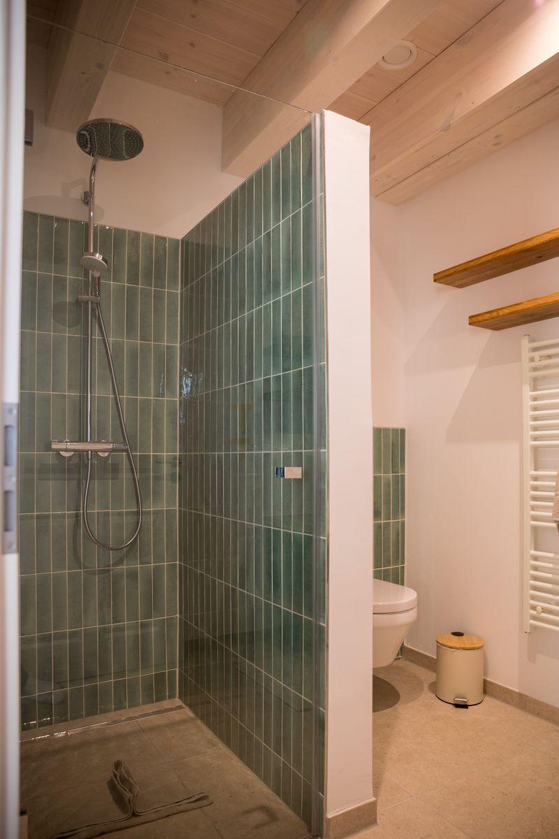 Bad mit Dusche, Toilette und Heizkörper an der Wand.