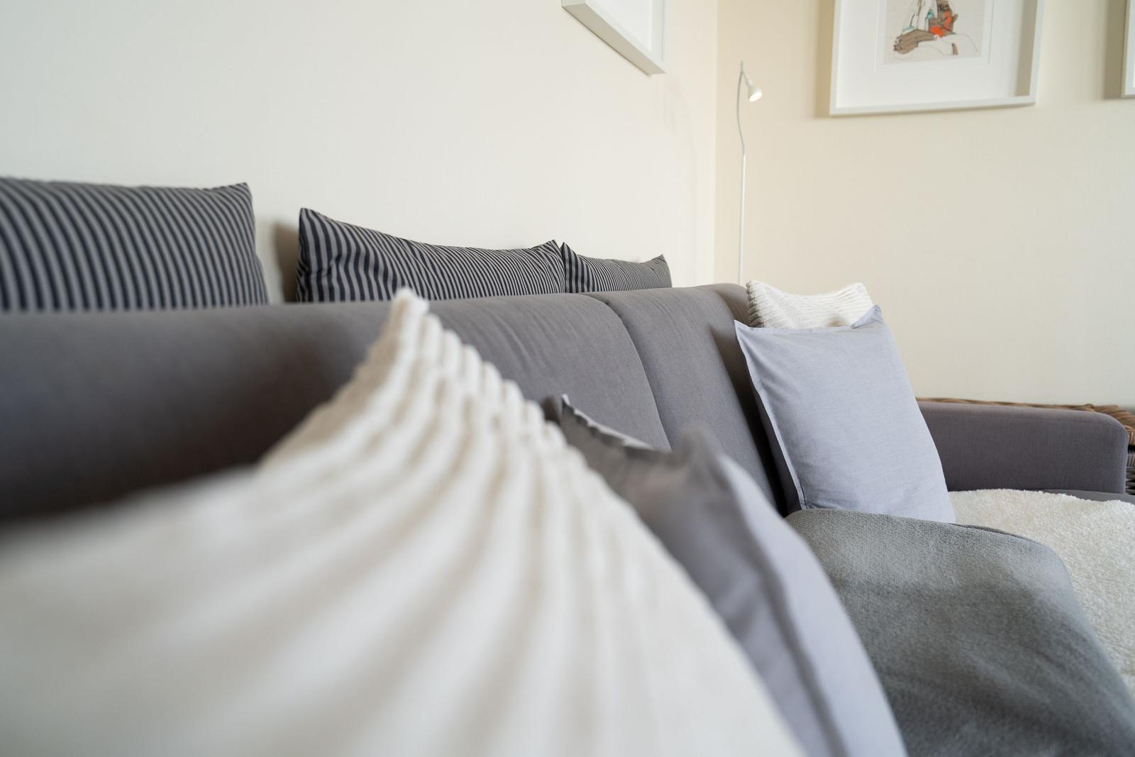 Grauer Sofa mit Kissen und Wandbildern