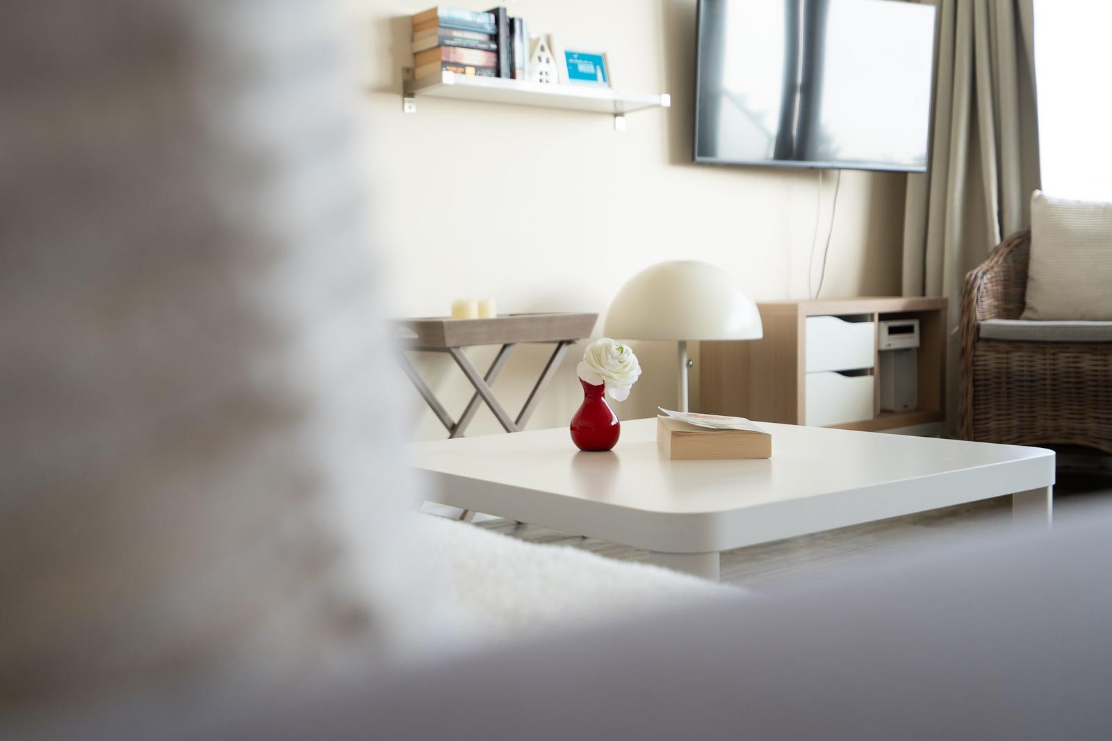 Wohnzimmer mit Couch, Fernseher und Tisch mit Blume.