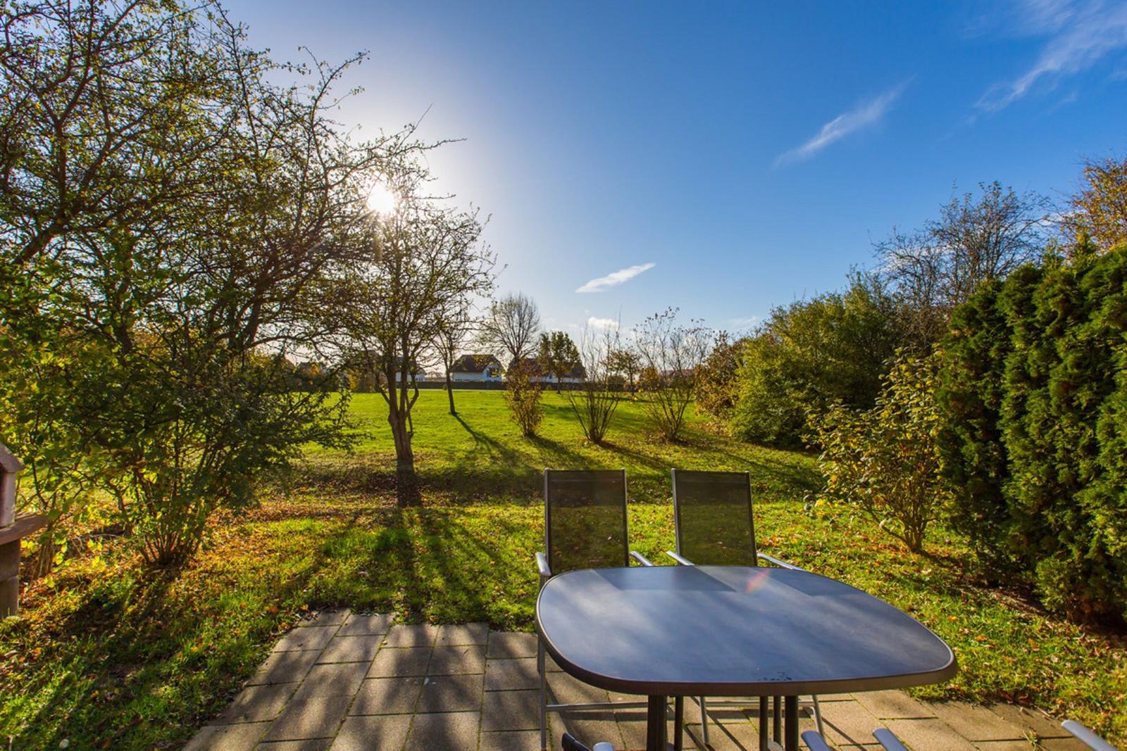 Terrasse mit Tisch und Stühlen im Garten unter blauem Himmel.