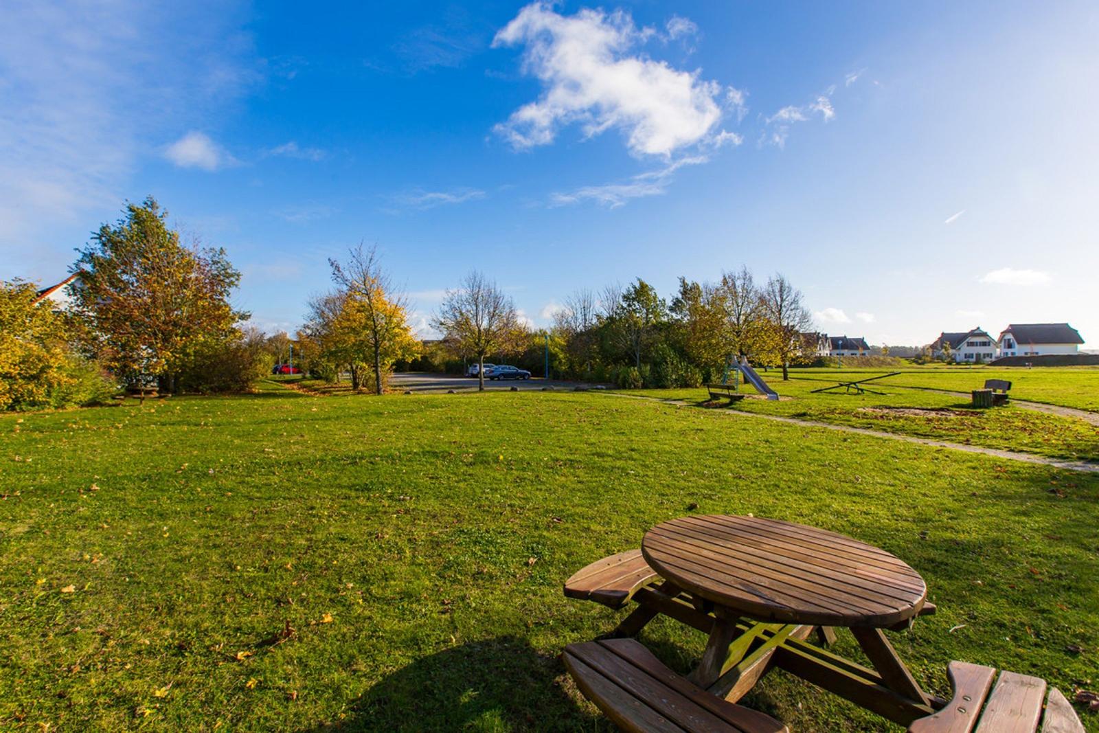 Holztisch und Bänke auf grünem Rasen. Spielplatz und Häuser im Hintergrund.