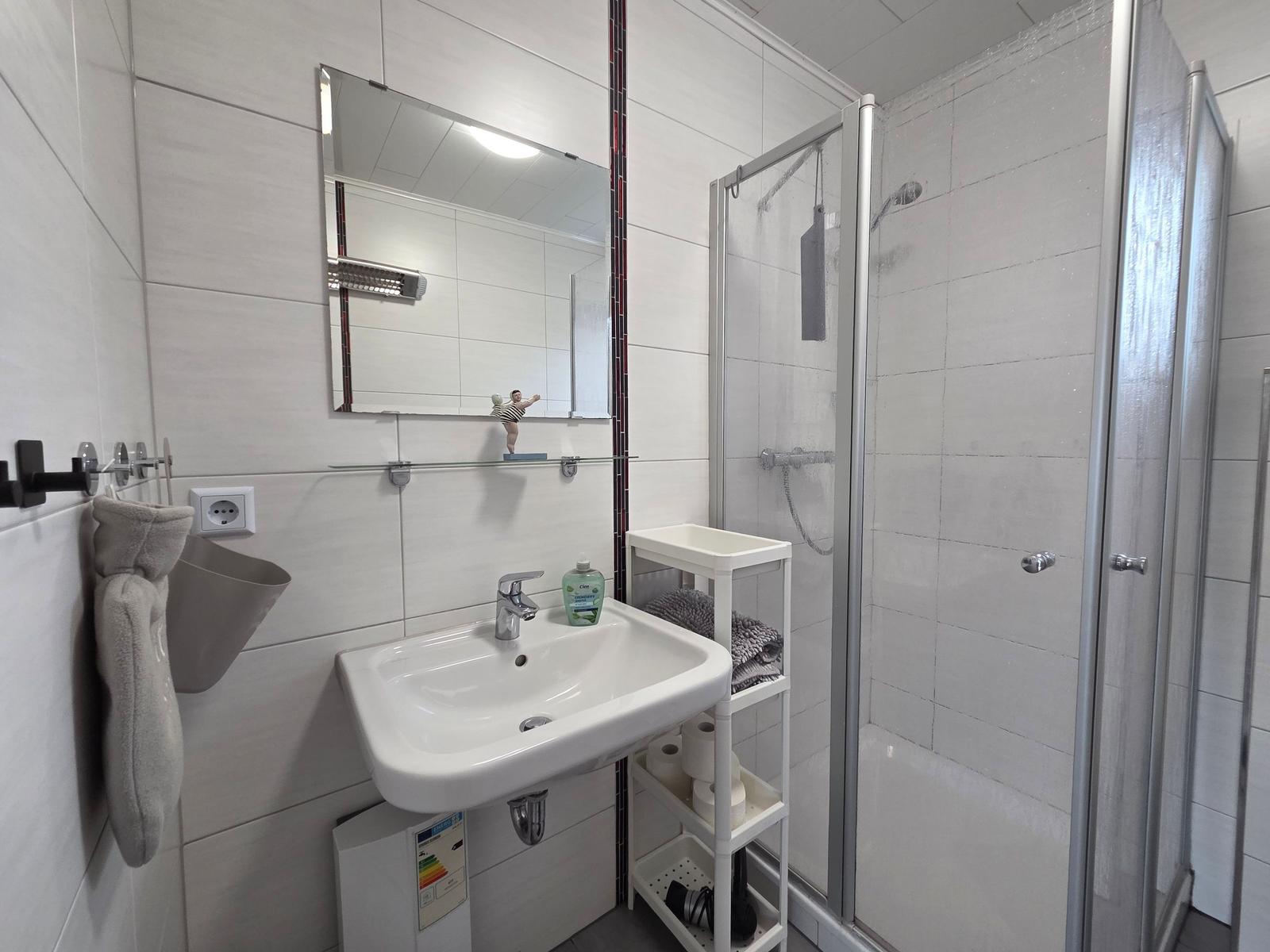 Badezimmer mit Dusche, Waschbecken und Spiegel.