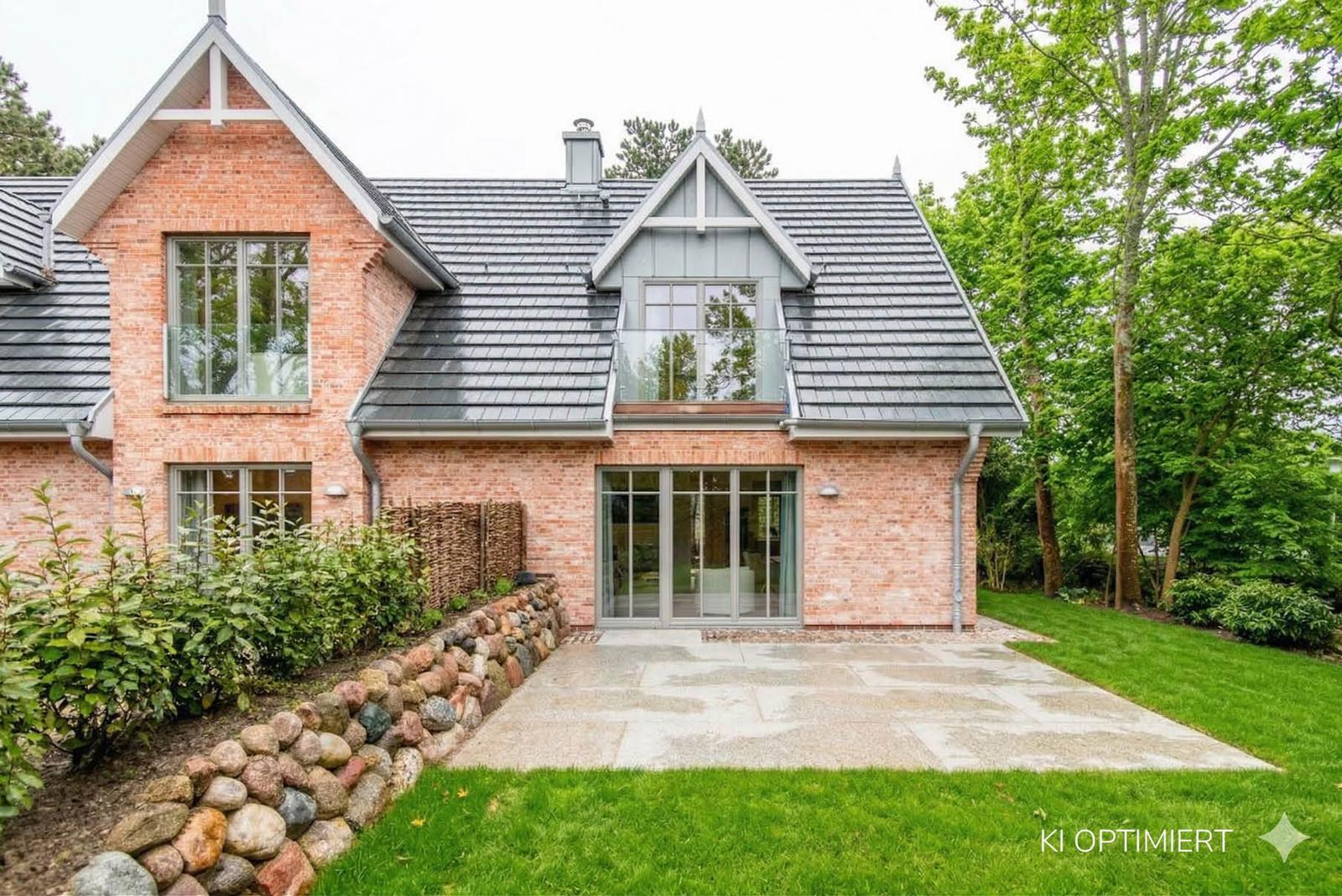Modernes Haus mit Steinmauer und großem Garten. Große Fenster und Terrasse.