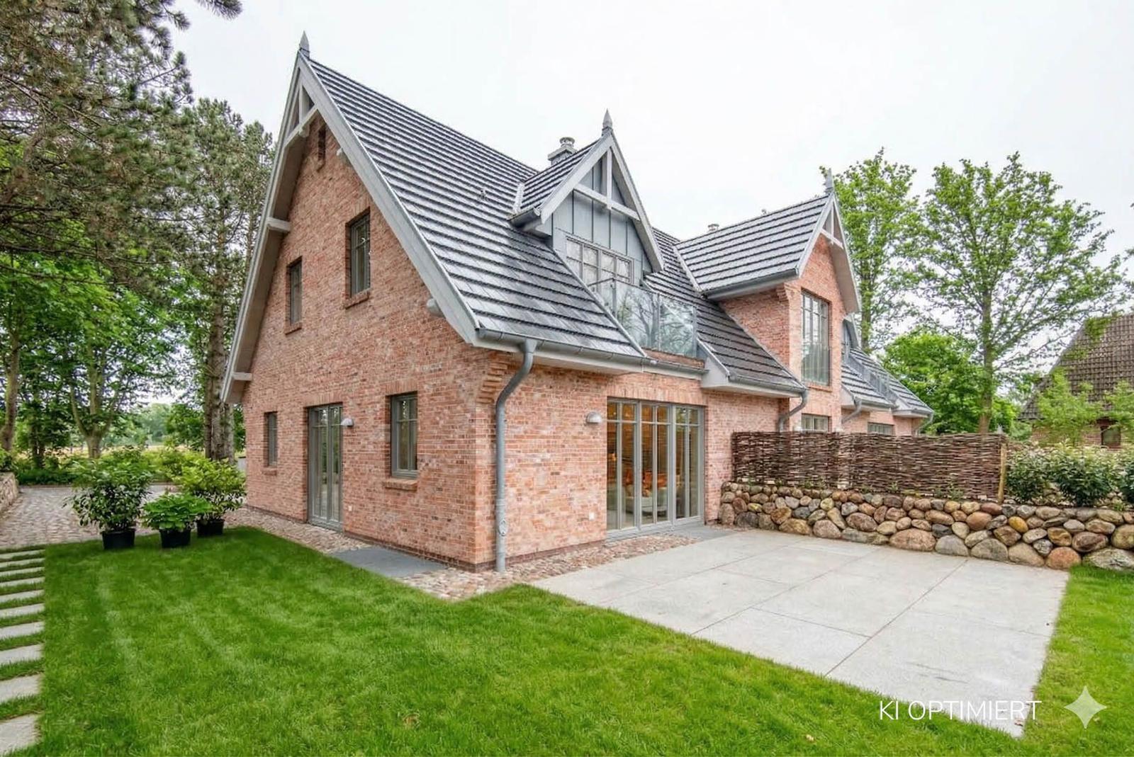 Moderne Backsteinvilla mit großem Garten und Steinmauer.