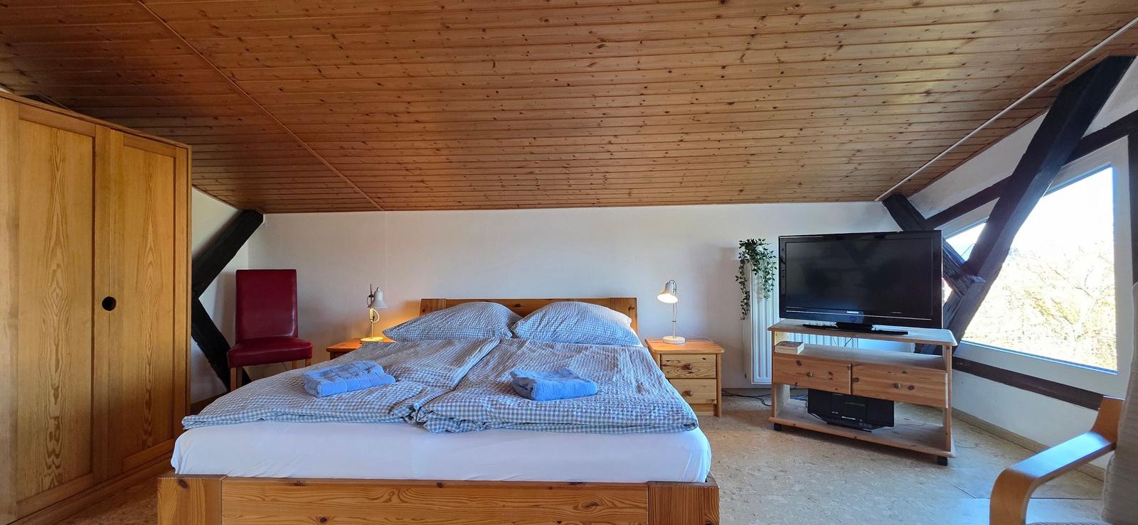Schlafzimmer mit Doppelbett, Kleiderschrank und TV. Holzdecke und Fenster mit Blick.
