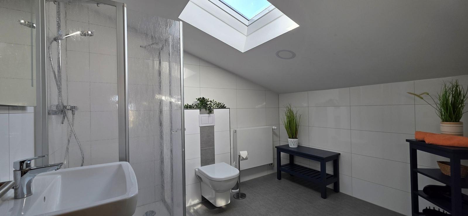 Badezimmer mit Dusche, Toilette und Fenster