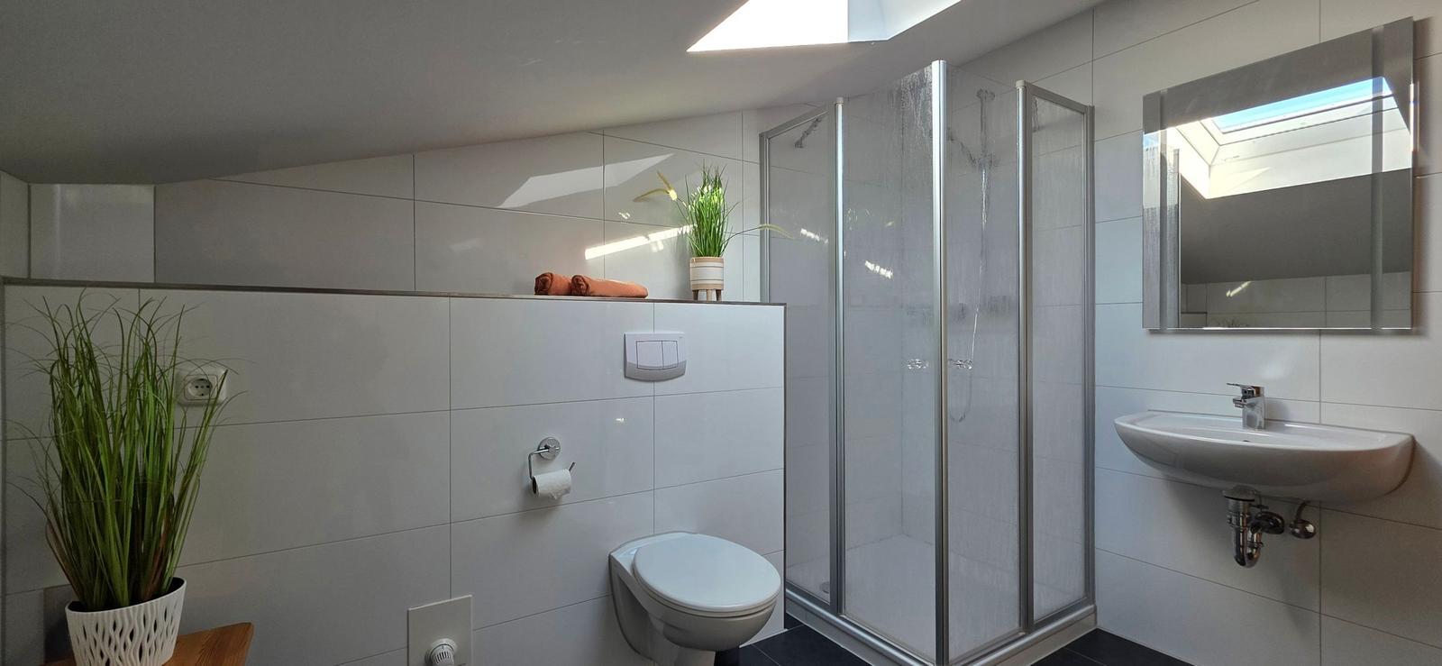 Badezimmer mit Dusche, Waschbecken und Toilette. Weiße Fliesen und Pflanzen.