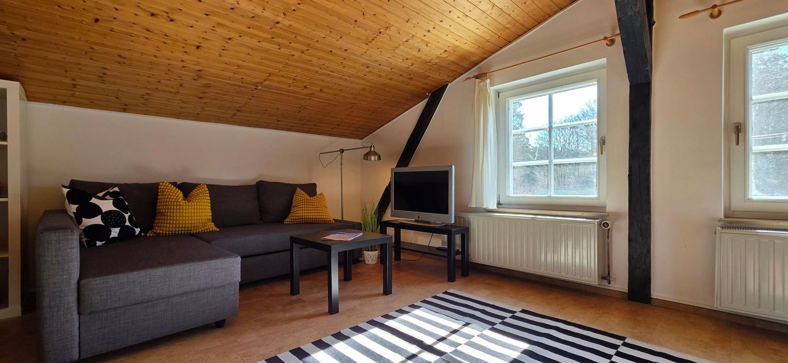 Wohnzimmer mit Sofa, Fernseher und Holzdecke.