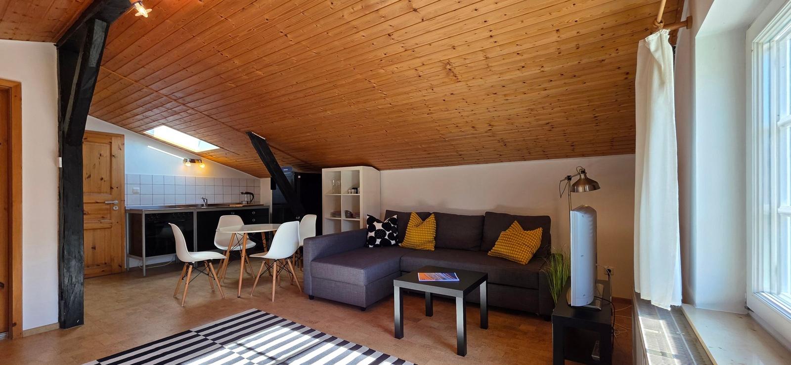 Wohnbereich mit Sofa, Tisch und Küchenzeile unter Holzdecke.