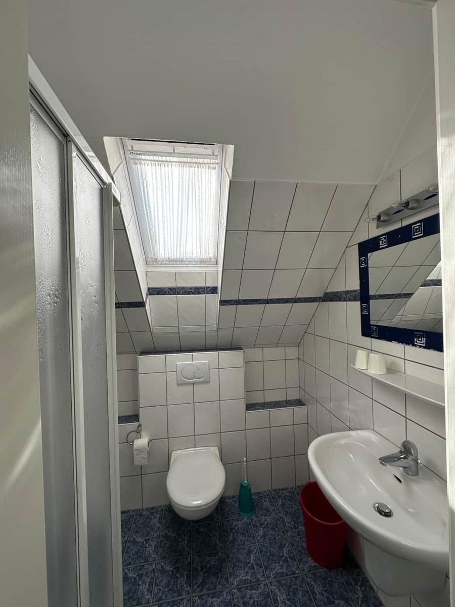 Badezimmer mit Toilette, Waschbecken und Dusche unter Dachschrägen.