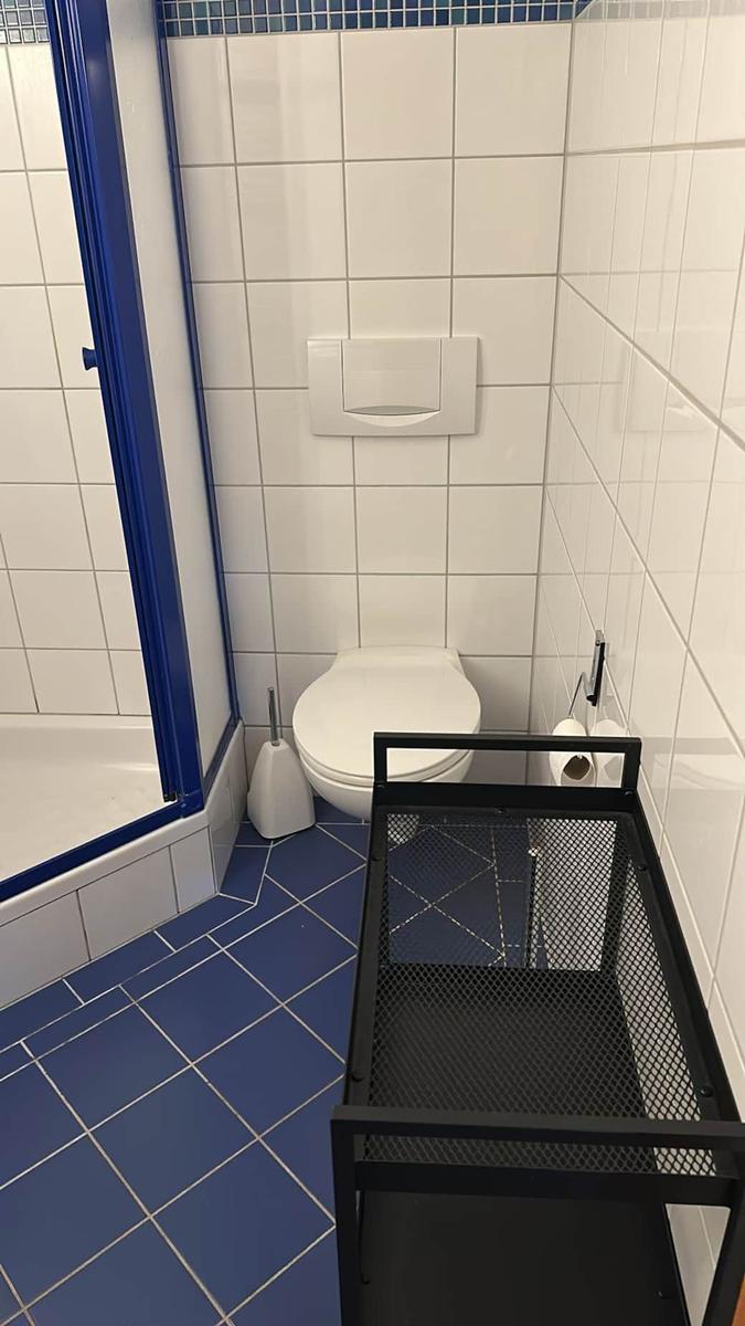 Badezimmer mit Toilette, Dusche und schwarzer Ablage